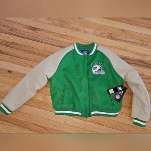 NFL Jets Kids Green and Beige Varsity Jacket. Sz L